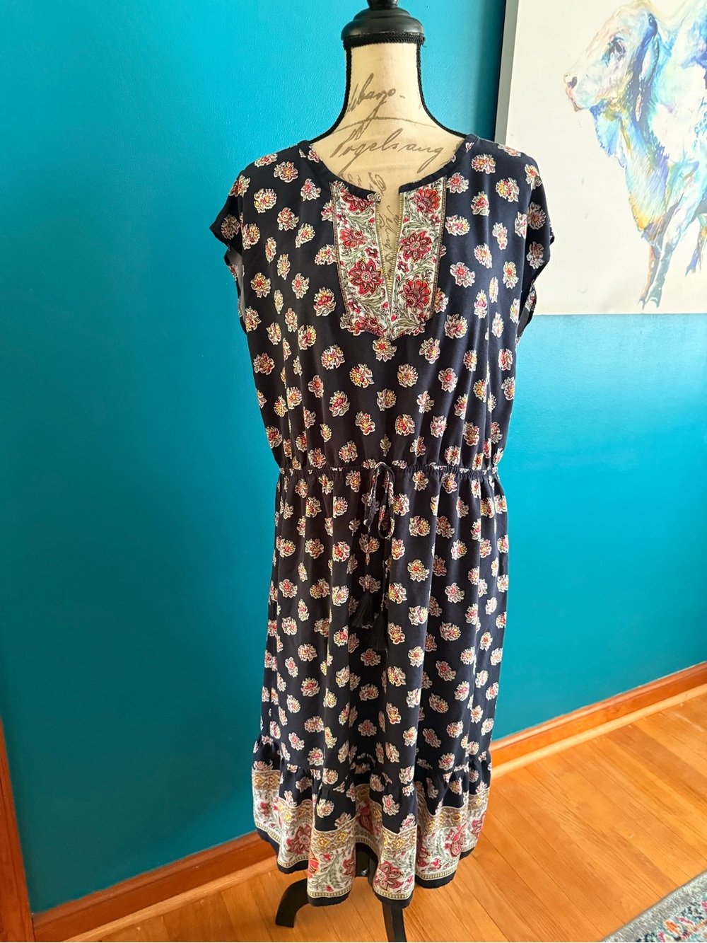 LOFT Navy Floral Waist-Tie Midi Dress